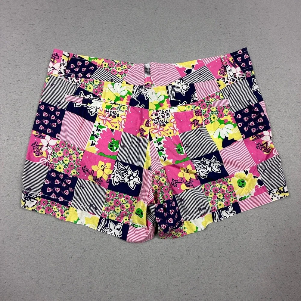 Lilly Pulitzer Patchwork Floral Striped Cotton Shorts Pink Yellow Navy Womens 8